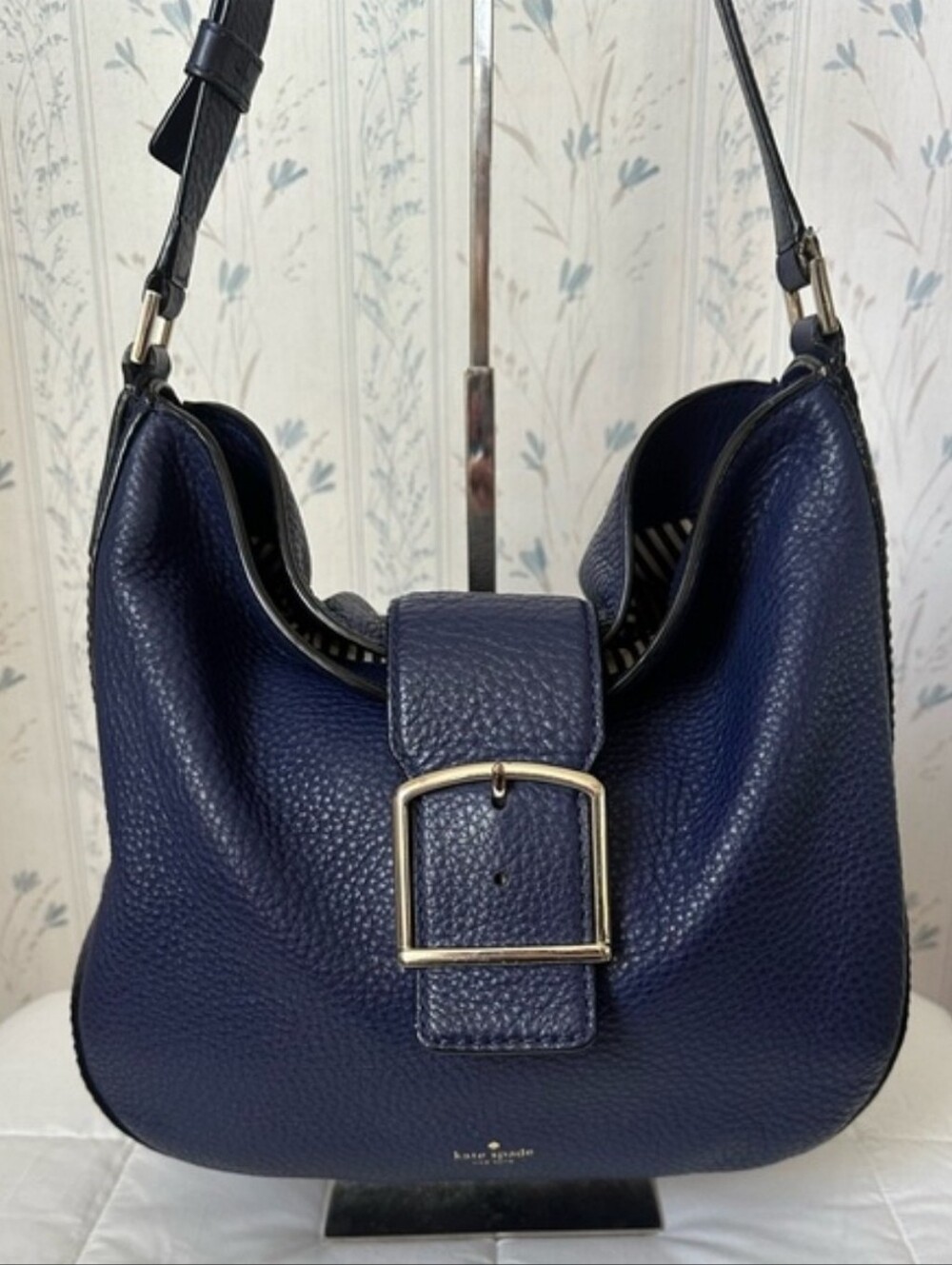 Kate Spade Healy Lane Lilith Navy Pebbled Leather Large Buckle Hobo Shoulder Bag